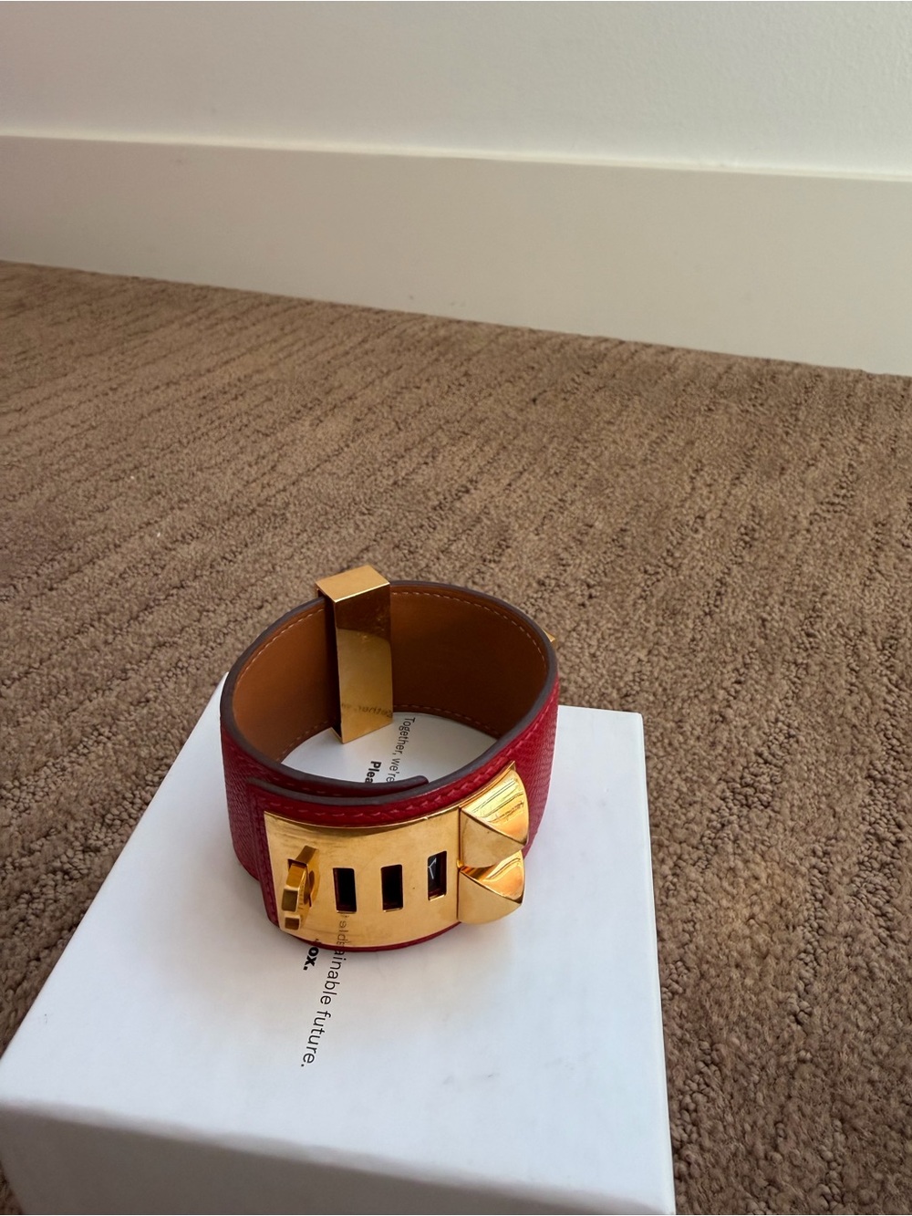 Hermes Red Leather Cuff with Gold Pyramid Studs and Ring - Picture 4 of 6